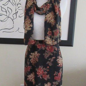 Vintage 1990s black & terracotta floral wrap midi skirt & scarf sz. 16